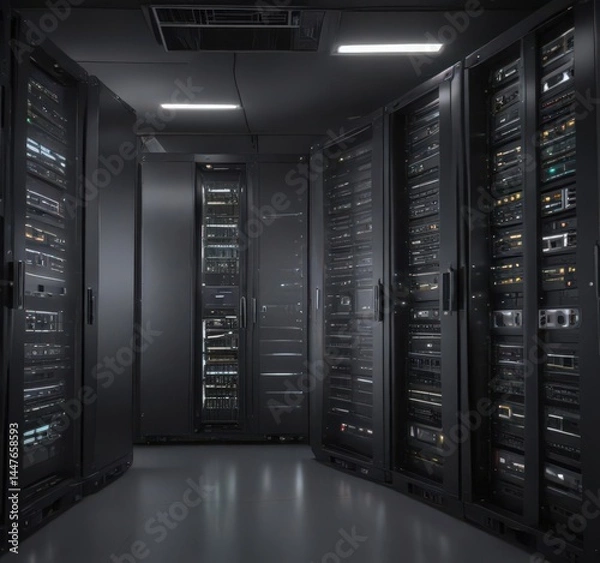 Fototapeta Gleaming servers and network switches fill a secure server room, virtualization, management