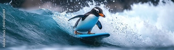 Obraz Penguin surfing icy wave on a blue board, cool vibe