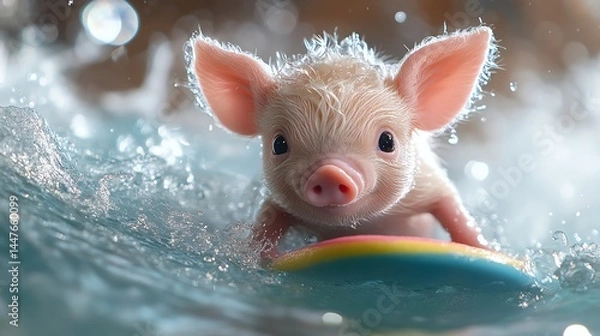 Obraz Piglet surfing foam wave on rainbow board