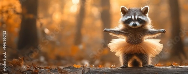 Obraz Raccoon in sparkly tutu twirling on forest log