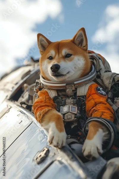 Fototapeta Shiba Inu astronaut posing heroically on spaceship wing