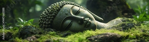 Obraz Sleeping Buddha in peaceful jungle ruins, mosscovered