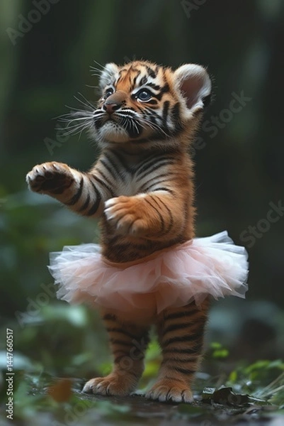 Obraz Tiger cub in soft tutu doing ballerina pose in jungle