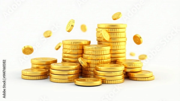 Obraz 3D Render of Gold Coins and Cash Bundles on Transparent Background – Finance & Investment Concept