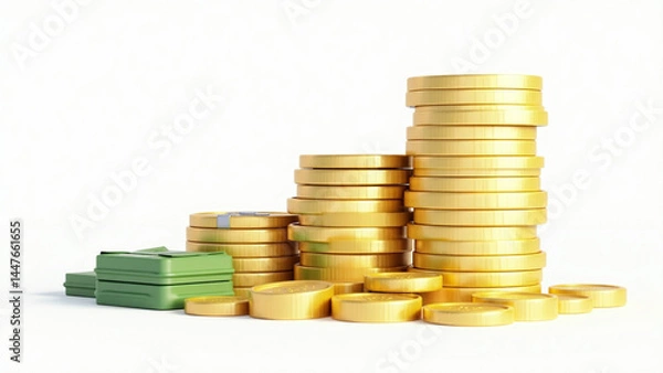 Obraz 3D Render of Gold Coins and Cash Bundles on Transparent Background – Finance & Investment Concept
