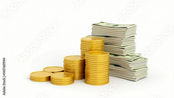 Obraz 3D Render of Gold Coins and Cash Bundles on Transparent Background – Finance & Investment Concept