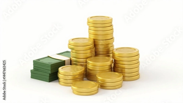 Obraz 3D Render of Gold Coins and Cash Bundles on Transparent Background – Finance & Investment Concept