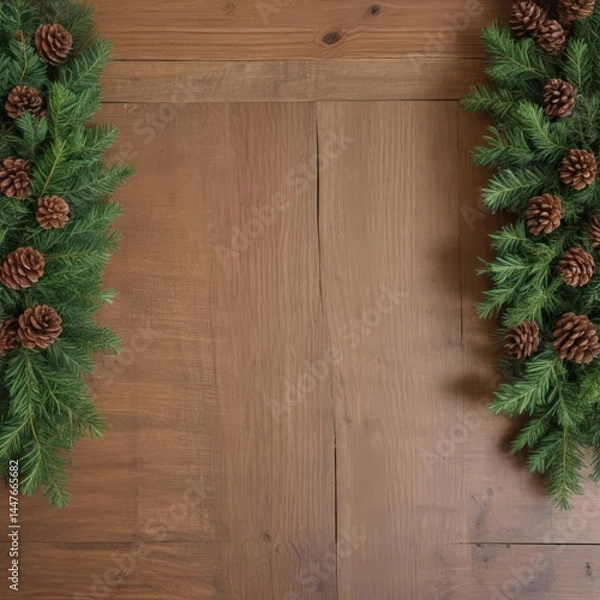 Fototapeta christmas decoration on wooden background, christmas tree on wooden background, christmas background with fir branches and cones