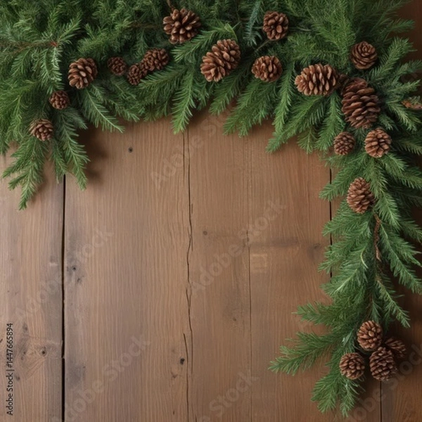 Fototapeta christmas decoration on wooden background, christmas background with fir branches, christmas background with fir branches and cones