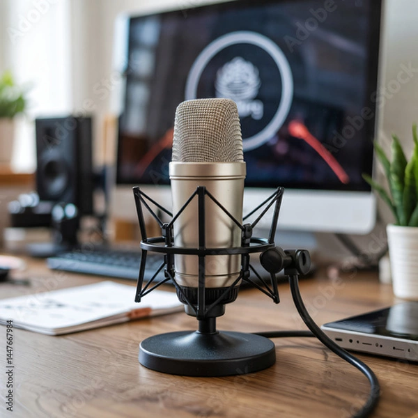 Fototapeta Silver desktop microphone for recording/communication. Volume control, adjustable stand, sleek design.