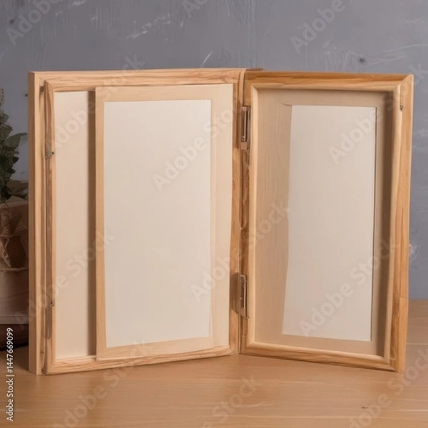 Fototapeta wooden picture frame, empty picture frame, picture frame on wooden wall