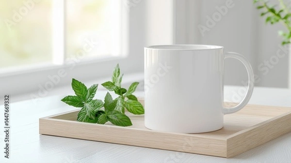 Obraz Clean White Coffee Mug Mockup with Fresh Mint on Wooden Tray coffee mug mockup white mug blank mug