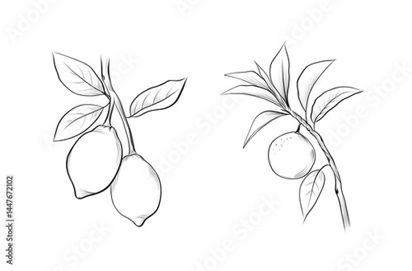 Obraz Lemon and orange fruit branch line art coloring page vector