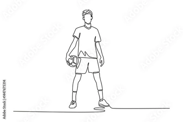 Obraz Continuous one line drawing male volleyball player standing and holding the ball while tournament at indoor court. Team sport on healthy activity. Single line draw design vector graphic illustration