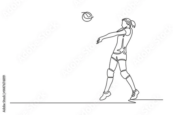Fototapeta Single continuous line drawing female volleyball player receiving a ball with bump pass. She is training with her team or participating in competition. One line draw graphic design vector illustration