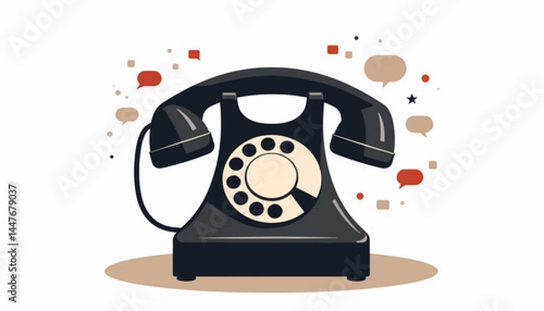 Fototapeta Vintage rotary telephone illustration with communication icons, nostalgia