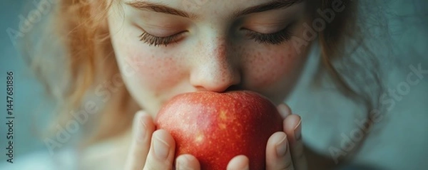 Obraz A serene moment of mindfulness as an individual savors the taste of a fresh piece of fruit in quiet contemplation.
