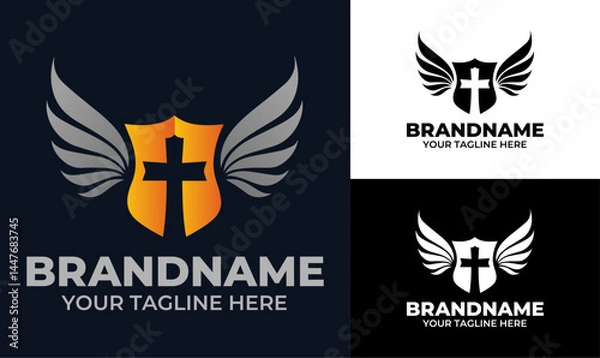 Obraz Winged cross shield logo design template for church ministry faith based brand or Christian organization