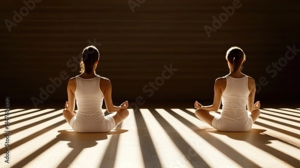 Fototapeta Serene women practicing yoga together in a sunlit room with distinctive shadows and a calm atmosphere