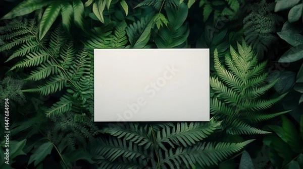 Obraz Blank white card on lush green foliage background.