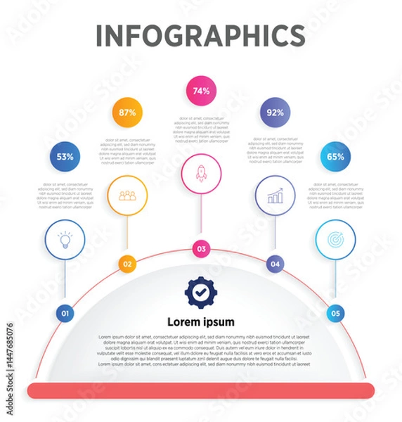 Fototapeta Modern Horizontal progress bar featuring 5 shaped elements, symbolizing the five stages of business strategy and progression. Clean timeline infographic design template. Vector for presentation