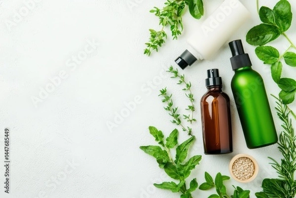 Fototapeta Assorted natural essential oils and herbal ingredients on white surface with green leaves and botanicals aesthetics
