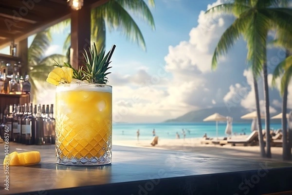 Fototapeta Close up of a vibrant yellow tropical cocktail garnished with pineapple and herbs, sitting on a bar counter overlooking a sunny beach scene with palm trees and turquoise water. 