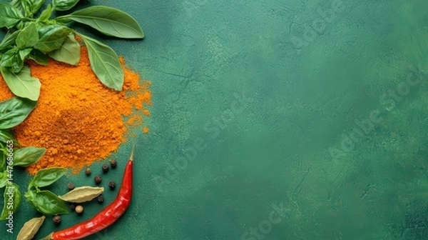 Fototapeta Vibrant spices and fresh herbs on a green surface for culinary inspiration and flavorful cooking ideas