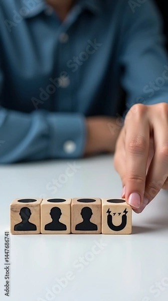 Fototapeta customer icons on beautiful grey background and copy space.Customer retention concept. Inbound marketing strategy. Attracting potential customers. Hand puts wooden cubes with magnet attracts 