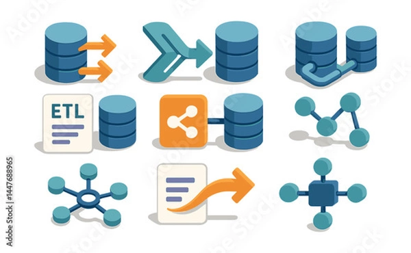 Fototapeta Data integration icons set – etl, transform, share, node, hub, database
