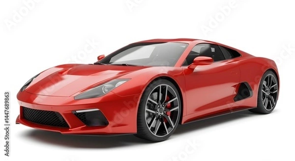 Fototapeta Dynamic low-angle, three-quarter front view of a stunning, bright red modern sports car, showcasing its aggressive aerodynamic design, sleek lines, low profile, and large performance alloy wheels with