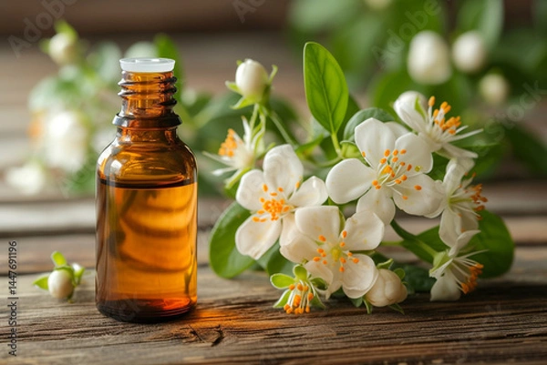 Fototapeta On the wooden background, there are flowers the bottle of Neroli essential oil, creating the visually appealing composition   