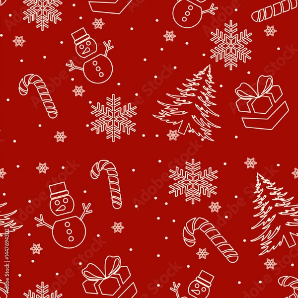 Fototapeta Seamless Christmas pattern with snowflakes, reindeer, holly, and ornaments in traditional red, green, and white.