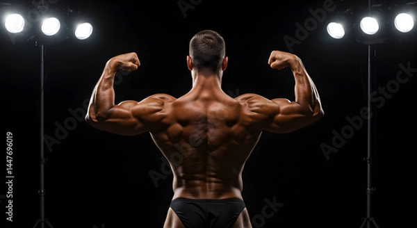 Fototapeta Rear View of a Muscular Bodybuilder Flexing Biceps Under Bright Studio Lights Against Black Backdrop