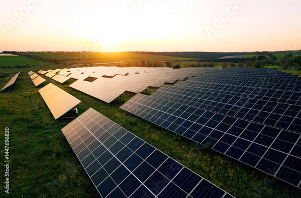 Obraz Aerial view of a solar farm generating solar energy.Solar panels park generating green energy electric at sunset.Green energy reduce carbon emissions and makes earth cleaner and more ecological.	
