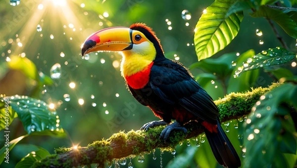 Fototapeta Vibrant toucan on mossy branch in sunlit jungle