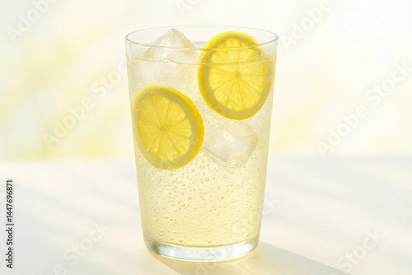 Fototapeta Glass of Sparkling Lemonade with Ice and Lemon Slices
