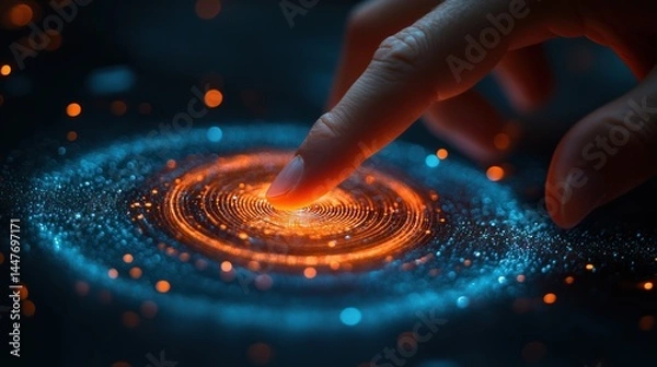 Fototapeta Finger touching a glowing circular interface with blue and orange light effects.