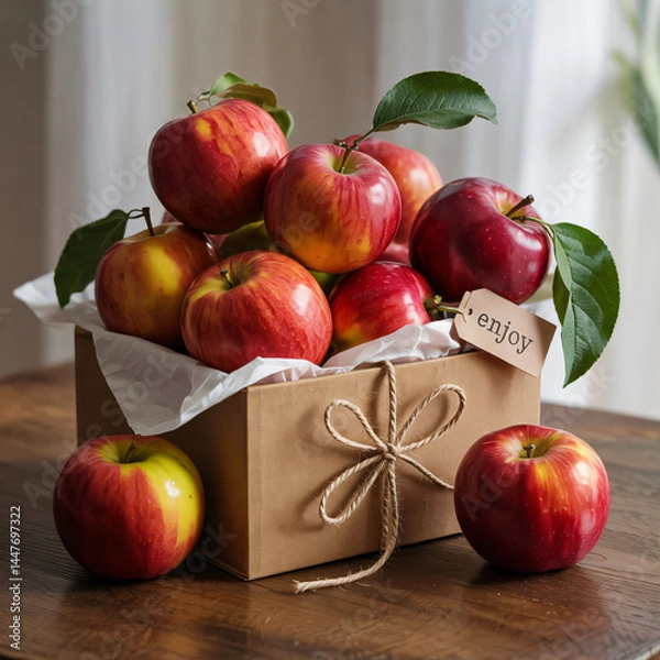 Fototapeta Photograph: Kraft gift box overflowing with vibrant Fuji apples. Artfully arranged with an "Enjoy" tag.