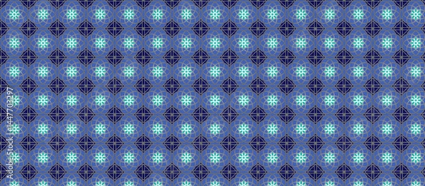 Obraz Moroccan Floral Motifs in Navy Diamond Grid Pattern with Bronze Outlines, Repeating Geometric Design with Radiating Dot Clusters, Symmetrical Surface Texture