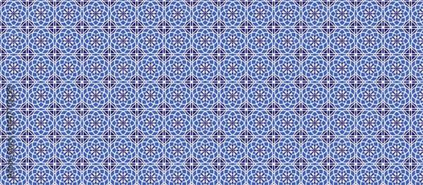 Fototapeta MoroccanGeometric Lattice Pattern with Floral Starburst Motifs in White on Deep Blue, Symmetrical Tilework Design, Decorative Surface Texture with Interlocking Elements