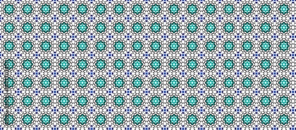 Fototapeta Moroccan Geometric Teal Floral Pattern with Navy Blue Outlines on White, Intricate Mosaic-Style Digital Design, Symmetrical Repeating Motifs for Textile & Surface Decoration