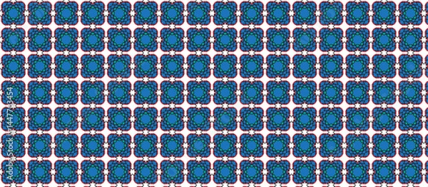 Fototapeta Moroccan Polygonal Floral Motifs in Teal and  Navy with Burgundy Outlines, Seamless Geometric Pattern on White Background, Textured Grid Design for Surface Decoration