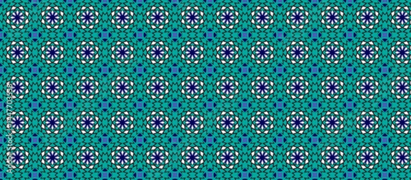 Fototapeta Moroccan Geometric Teal Geometric Starburst Pattern with Navy  and White Accents, Symmetrical Decorative Tile or Textile Design, Crisp Repeating Motifs on Turquoise Background