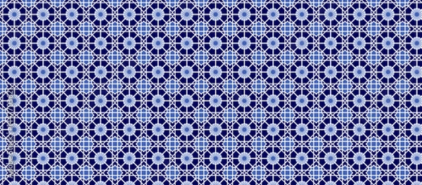 Fototapeta Moroccan Geometric Patterns  with Delicate Blue Floral Motifs, Symmetrical Grid Design with White Outlines, Decorative Tile or Textile Effect