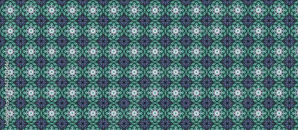 Fototapeta Moroccan Geometric Patterns  Teal Floral Motifs on Slate Grid, Intricate Interconnected Lattice Design, Structured Repeat with Circular & Angular Elements