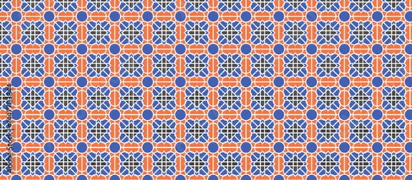 Fototapeta Moroccan Geometric Pattern Intricate  with star-like designs, set within alternating orange-red and blue squares, symmetrical repeating grid with circular accent