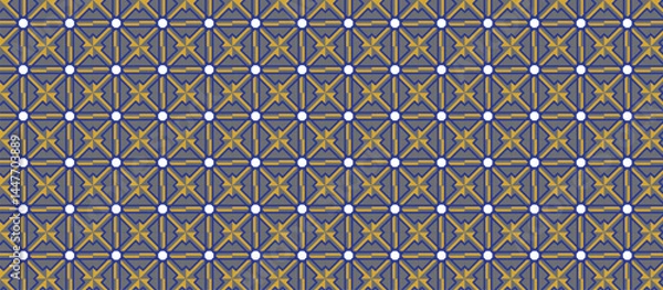 Fototapeta Symmetrical geometric pattern with mustard gold starbursts and white circles on gray background, dense interlocking design with structured repetition