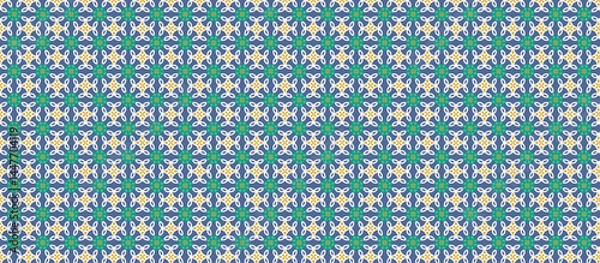 Fototapeta Moroccan Symmetrical Floral Geometric Pattern in Slate Blue and Cream, Intricate Grid Design with Mustard Accents, Muted Geometric Tile or Textile Repeat