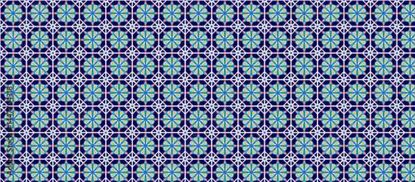 Fototapeta Moroccan Navy Blue Tile Pattern with Teal  Pink Floral Motifs, Intricate White Geometric Lattice Design, Symmetrical Islamic-Inspired Mosaic Repeat